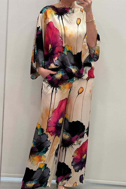 Conjunto informal de dos piezas con cuello redondo y estampado floral urbano (7 colores)
