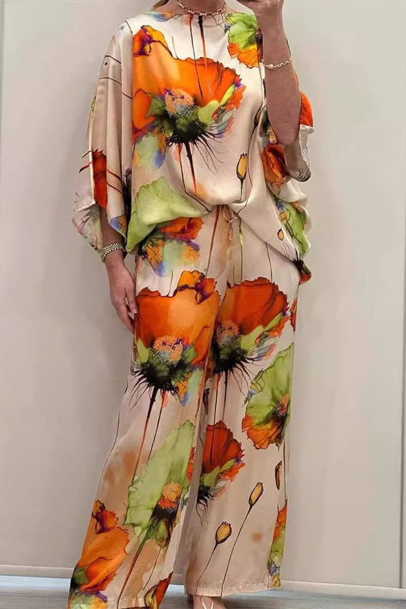 Conjunto informal de dos piezas con cuello redondo y estampado floral urbano (7 colores)