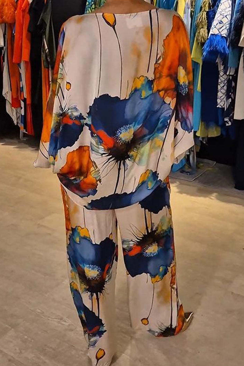 Conjunto informal de dos piezas con cuello redondo y estampado floral urbano (7 colores)