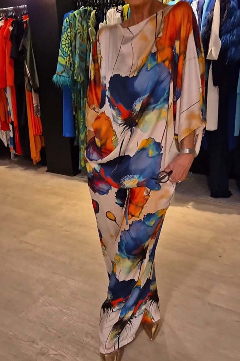Conjunto informal de dos piezas con cuello redondo y estampado floral urbano (7 colores)