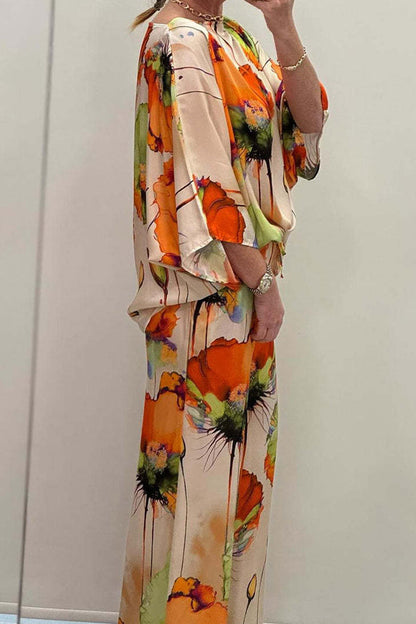 Conjunto informal de dos piezas con cuello redondo y estampado floral urbano (7 colores)