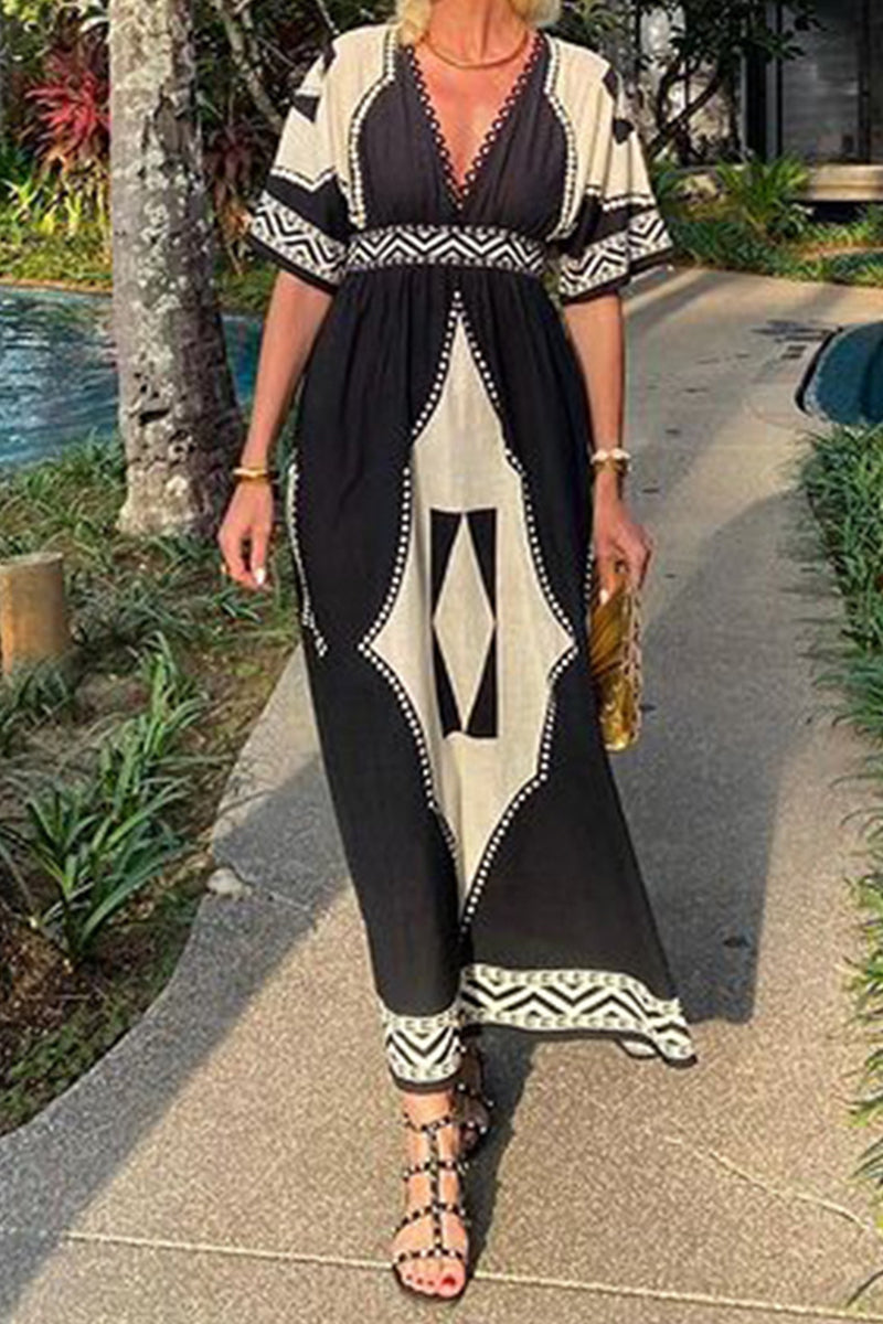 Vestido informal de manga corta con cuello en V, estampado bohemio, rombos y patchwork