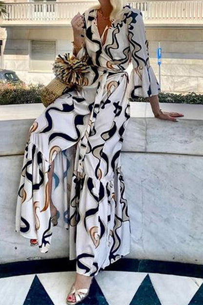 Trajes de una pieza informales de diario con estampado geométrico, cordones y escote en U en contraste