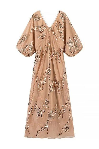 Vestidos de celebridades sexys con lentejuelas y escote en V y falda de un solo paso