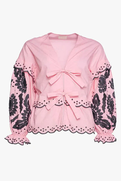 Casual Solid Color Hollow Out Lace Up Patchwork V Neck Blouses (3 Colors)