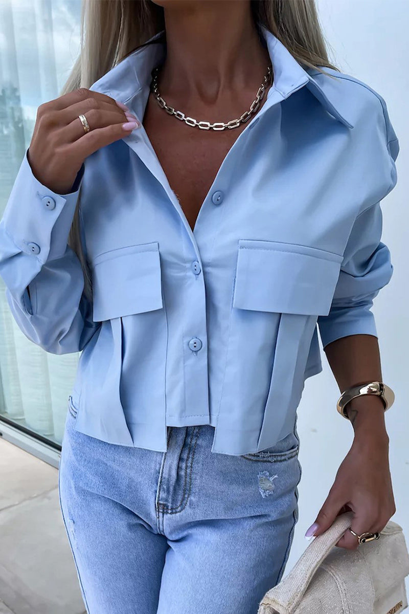 Blusa informal de cuello camisero con botones y patchwork de color liso para uso diario