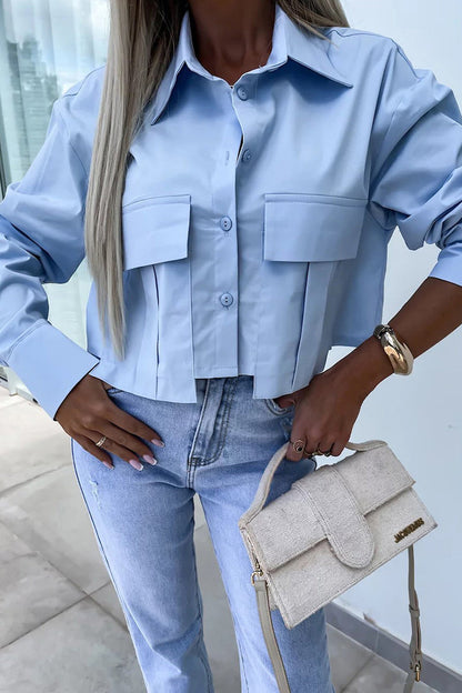 Blusa informal de cuello camisero con botones y patchwork de color liso para uso diario
