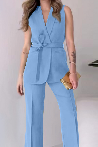 Conjunto informal de dos piezas con cuello en V, sin mangas, color sólido, con cordones (6 colores)