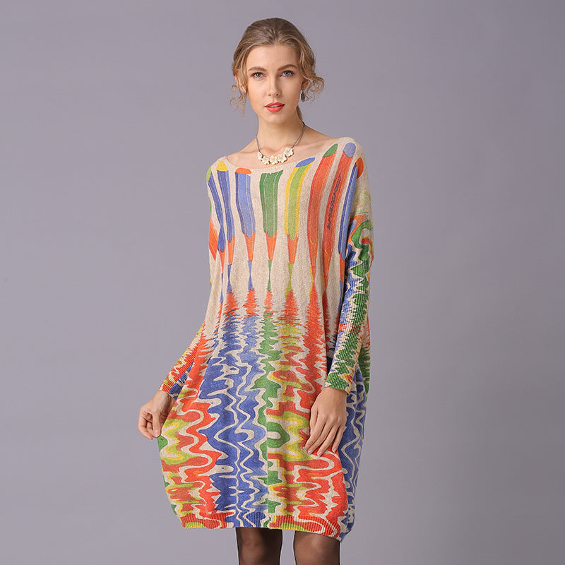 Autumn Winter Sweaters Loose Idle Pencil Print Pullover Mid Length Knitwear Women
