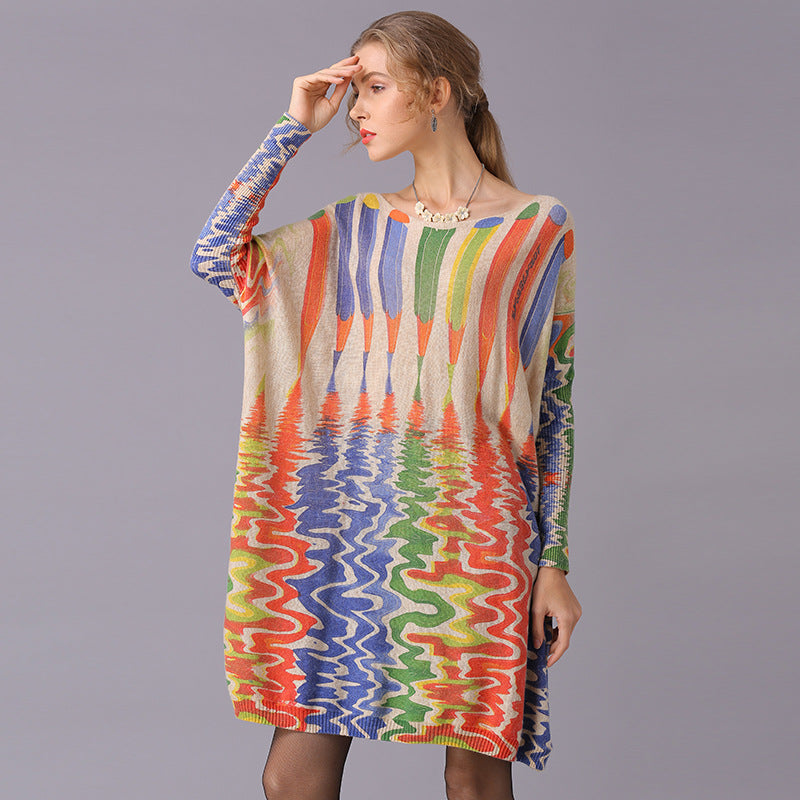 Autumn Winter Sweaters Loose Idle Pencil Print Pullover Mid Length Knitwear Women