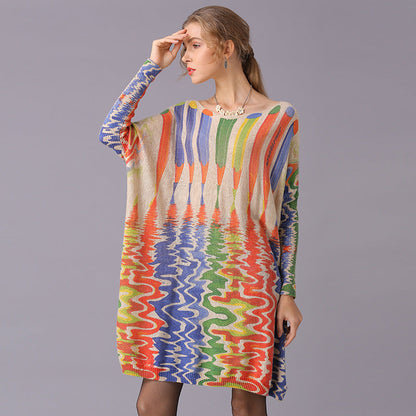Autumn Winter Sweaters Loose Idle Pencil Print Pullover Mid Length Knitwear Women
