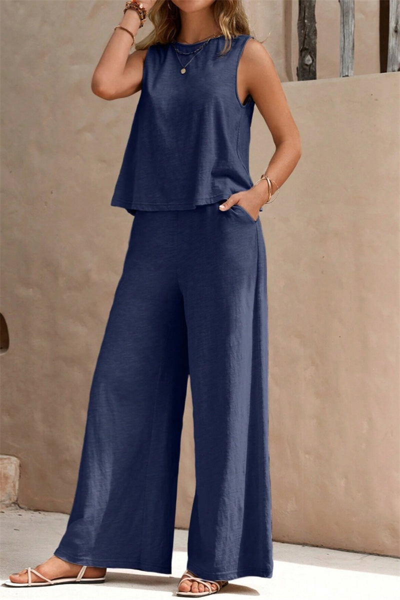 Conjunto informal de dos piezas, color liso, básico, cuello redondo, sin mangas (5 colores)