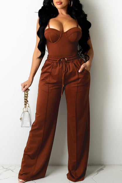 Sexy Casual Solid Vests Pants Spaghetti Strap Sleeveless Two Pieces