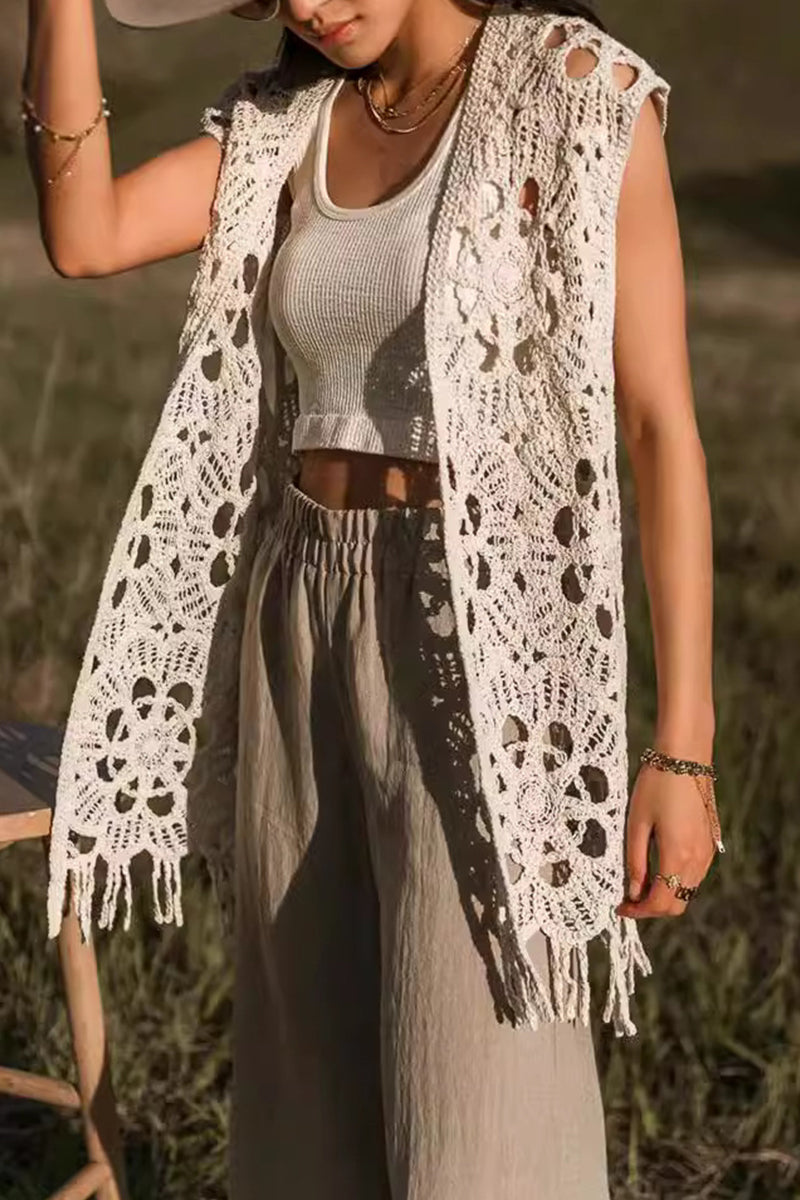 Casual Vacation Hollow Out Fringed Hem V Neck Waistcoats