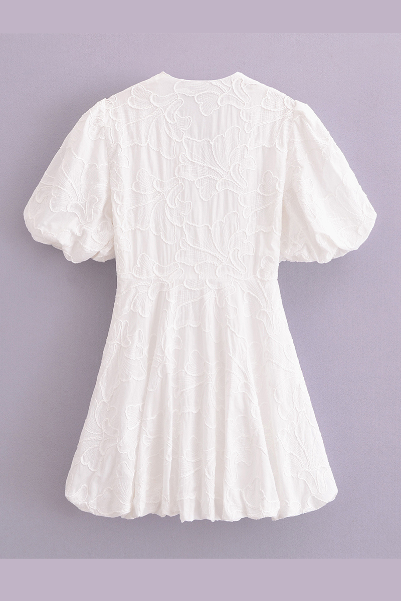 Vestido informal de manga corta con escote en V y textura de color liso para uso diario