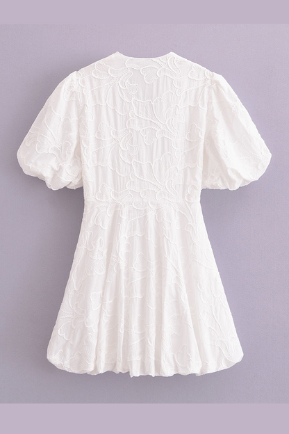 Vestido informal de manga corta con escote en V y textura de color liso para uso diario