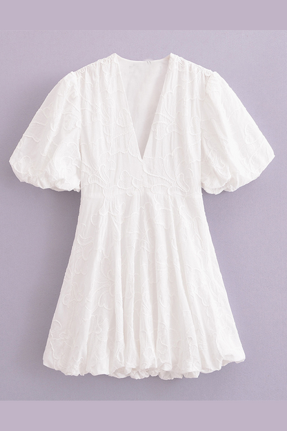 Vestido informal de manga corta con escote en V y textura de color liso para uso diario
