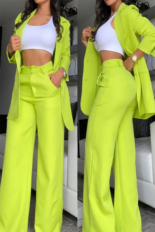 Conjunto informal de dos piezas con botones y bolsillos, cuello vuelto, manga larga, color liso (4 colores)
