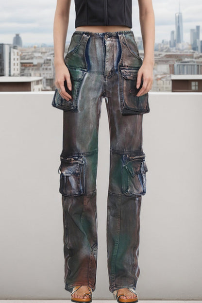 Vaqueros rectos de cintura alta con bolsillos y retazos informales