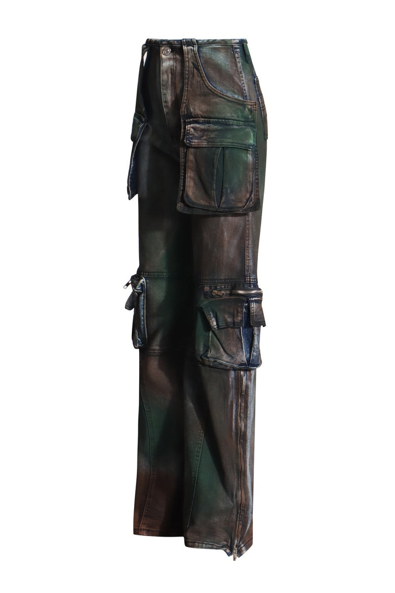 Vaqueros rectos de cintura alta con bolsillos y retazos informales