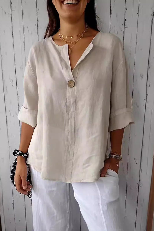 Camisetas casuales de cuello en V con botones de color liso para uso diario