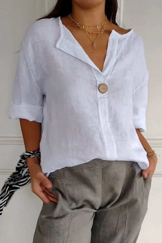 Camisetas casuales de cuello en V con botones de color liso para uso diario
