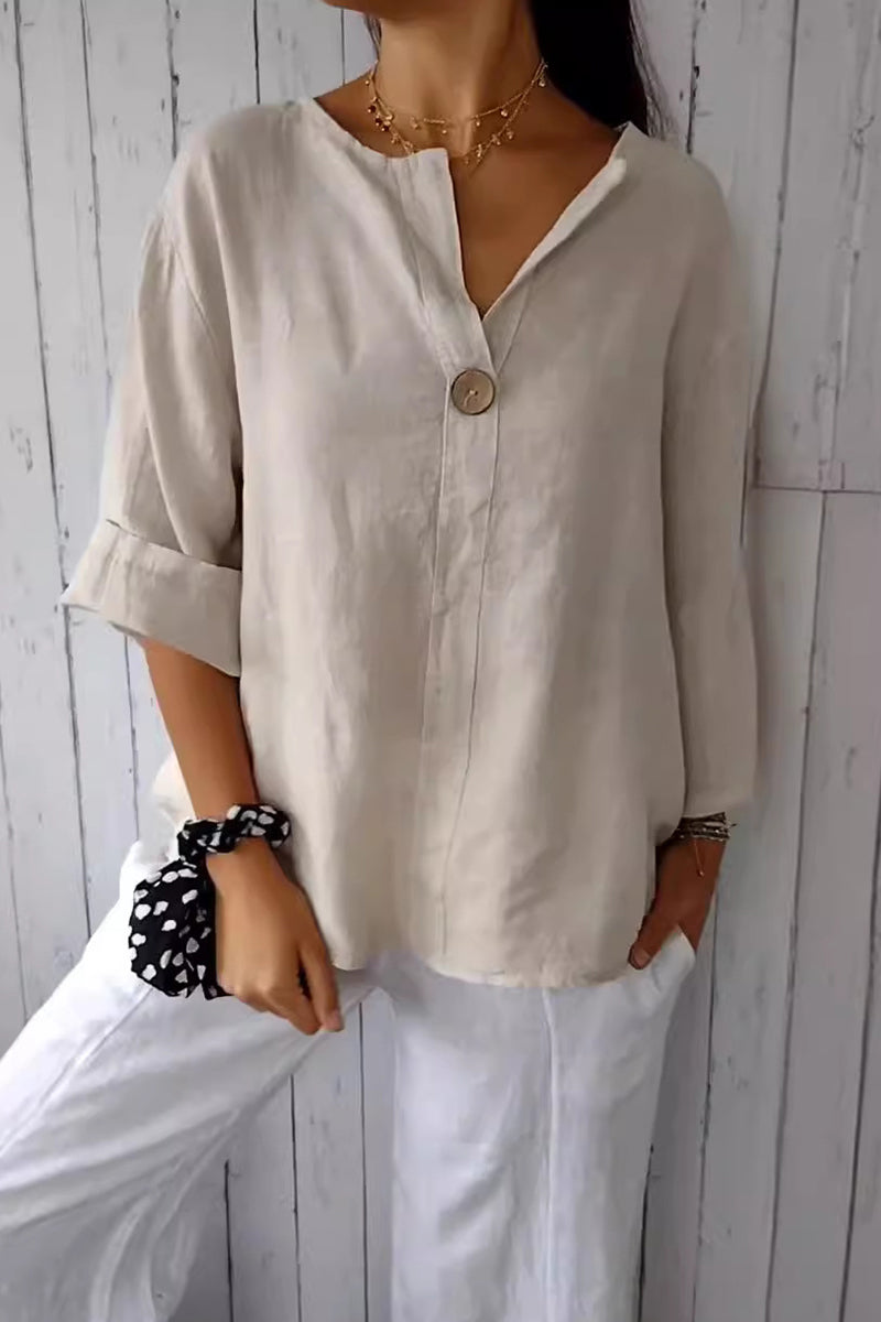 Camisetas casuales de cuello en V con botones de color liso para uso diario