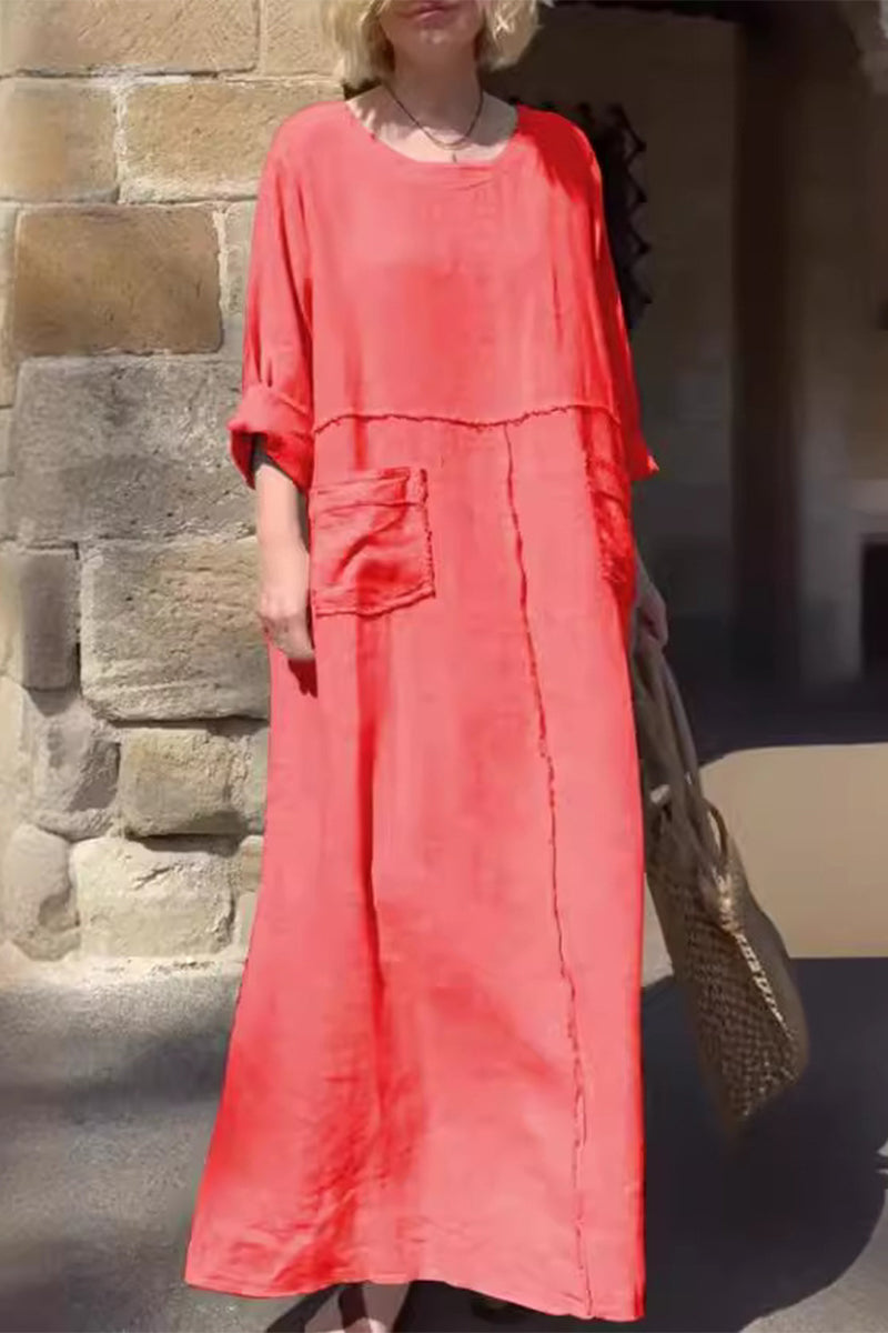 Vestidos casuales de manga larga con cuello redondo, bolsillos y patchwork, de color liso y diario (6 colores)