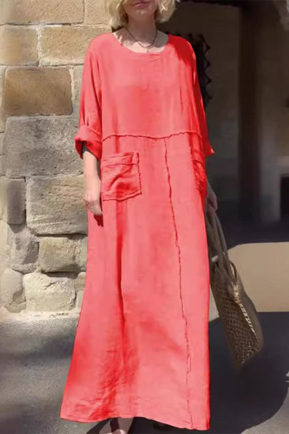 Vestidos casuales de manga larga con cuello redondo, bolsillos y patchwork, de color liso y diario (6 colores)