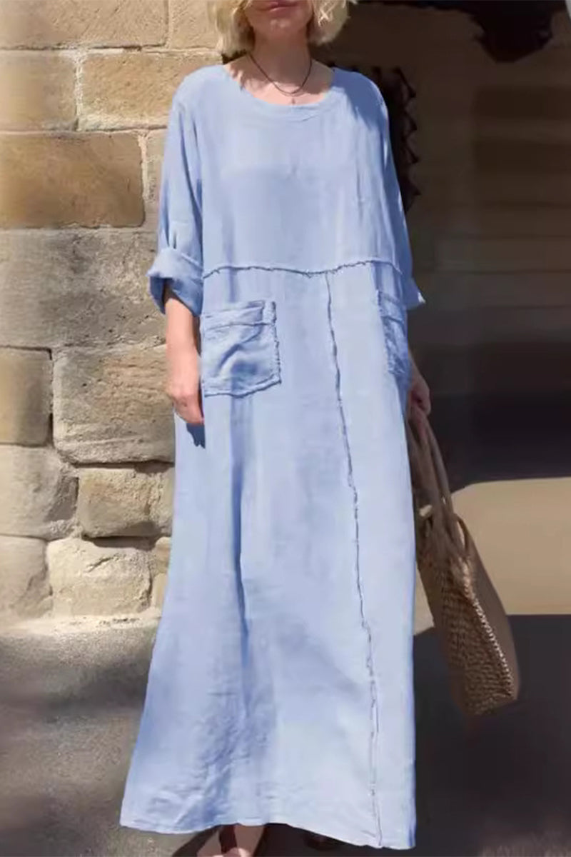 Vestidos casuales de manga larga con cuello redondo, bolsillos y patchwork, de color liso y diario (6 colores)