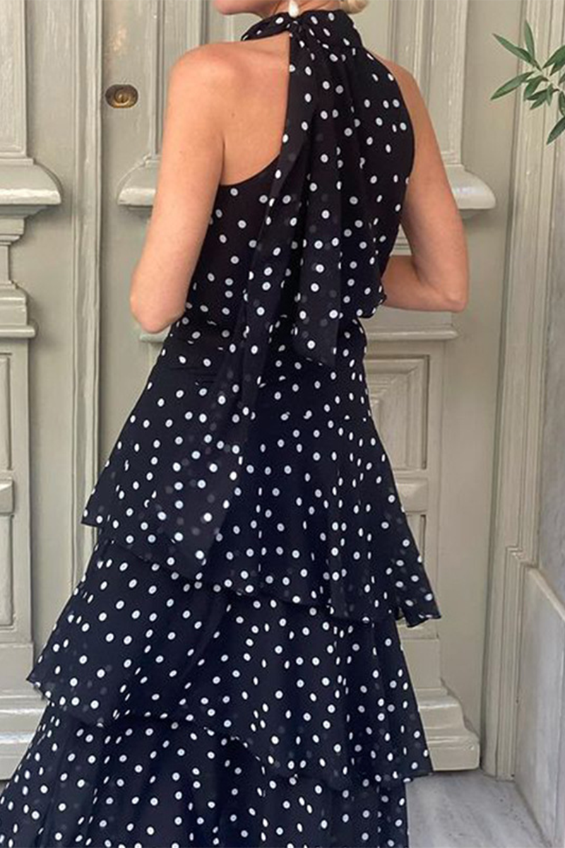 Vestidos de diario de calle con lunares, volantes, cremallera y cuello halter sin mangas