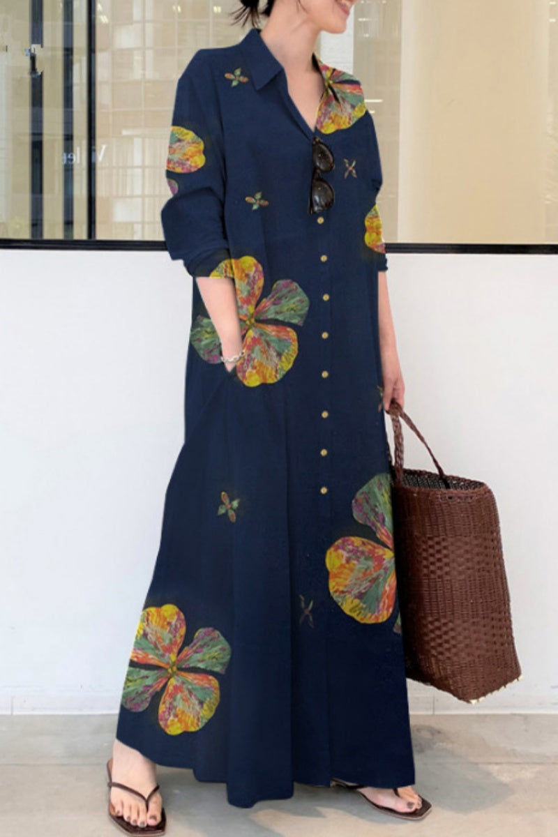 Casual Print Basic Shirt Collar Long Dresses(4 Colors)