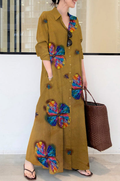 Casual Print Basic Shirt Collar Long Dresses(4 Colors)