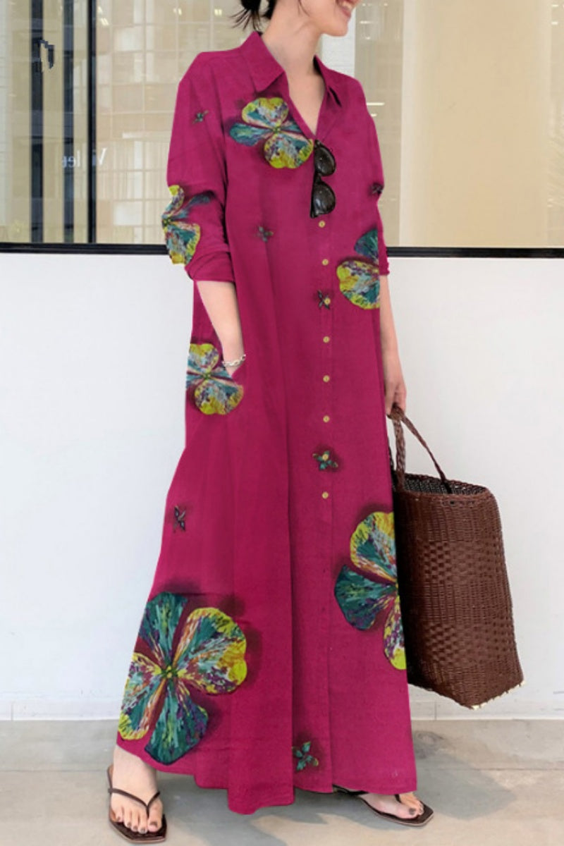 Casual Print Basic Shirt Collar Long Dresses(4 Colors)
