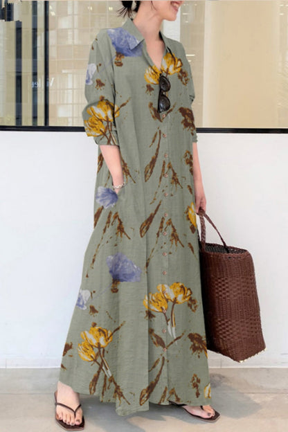 Casual Floral Print Patchwork Shirt Collar Long Dresses