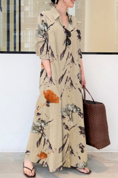 Casual Floral Print Patchwork Shirt Collar Long Dresses