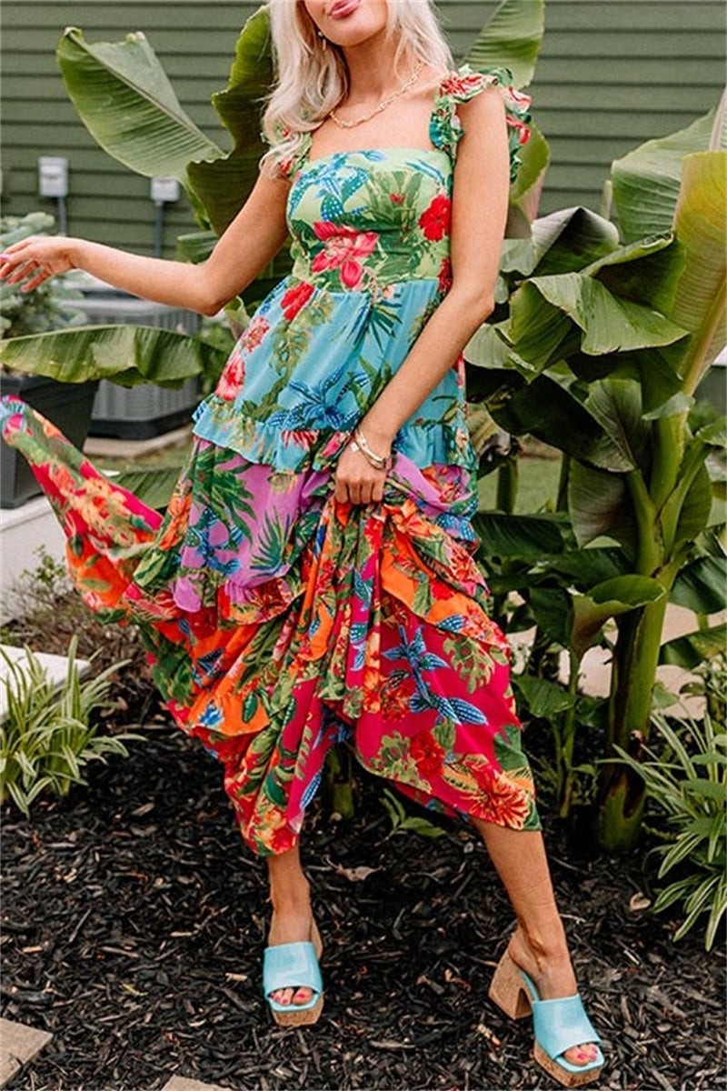 Vestidos largos casuales con estampado floral, patchwork, espalda descubierta y cuello cuadrado