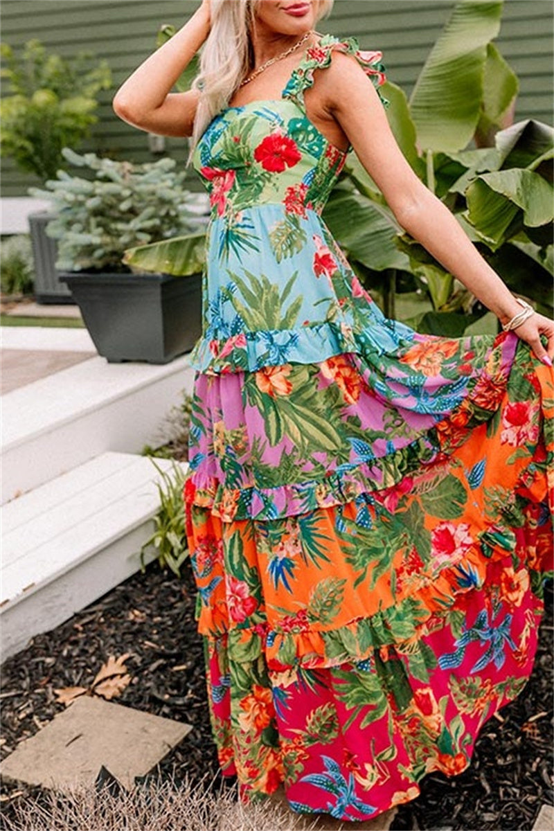 Vestidos largos casuales con estampado floral, patchwork, espalda descubierta y cuello cuadrado