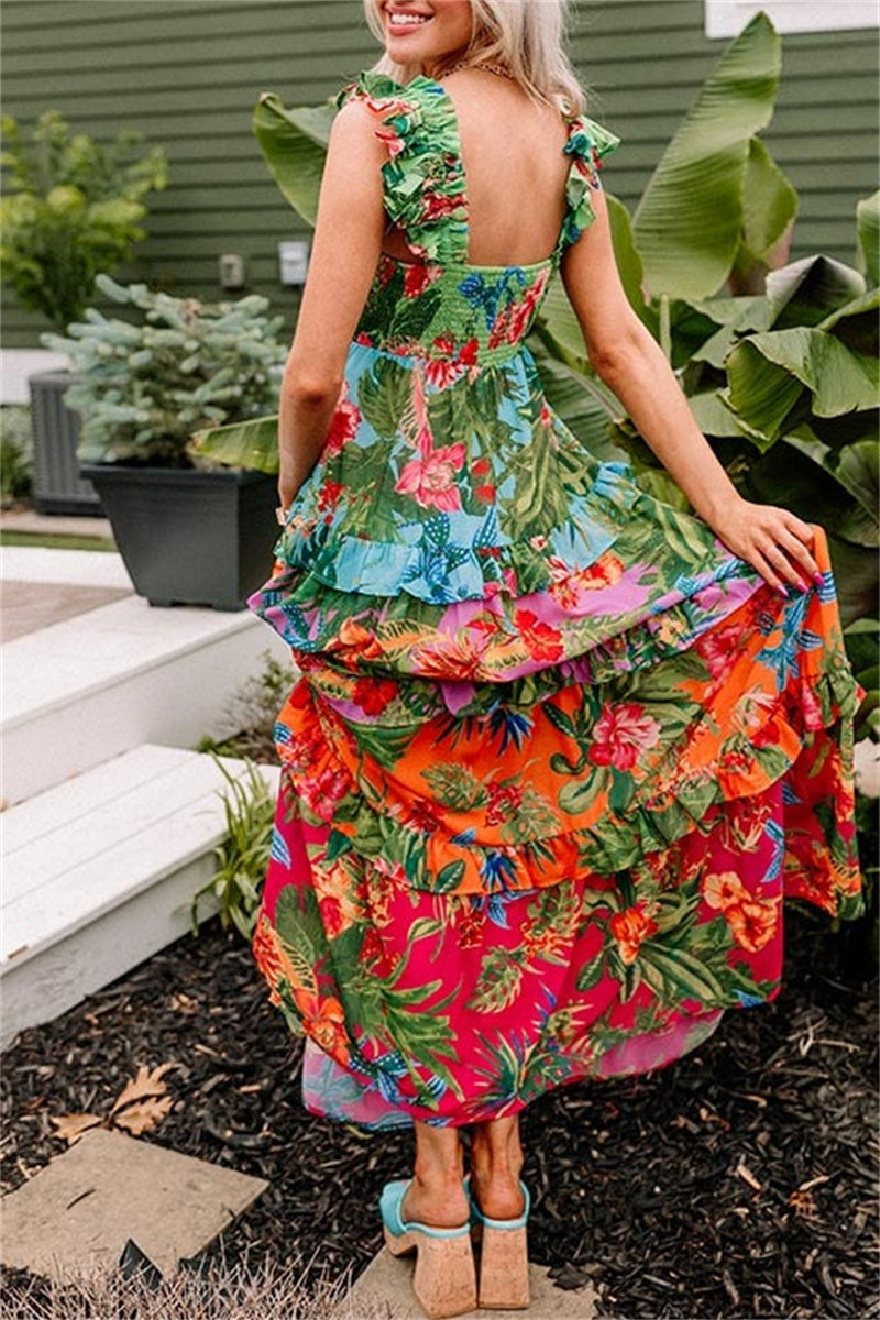 Vestidos largos casuales con estampado floral, patchwork, espalda descubierta y cuello cuadrado