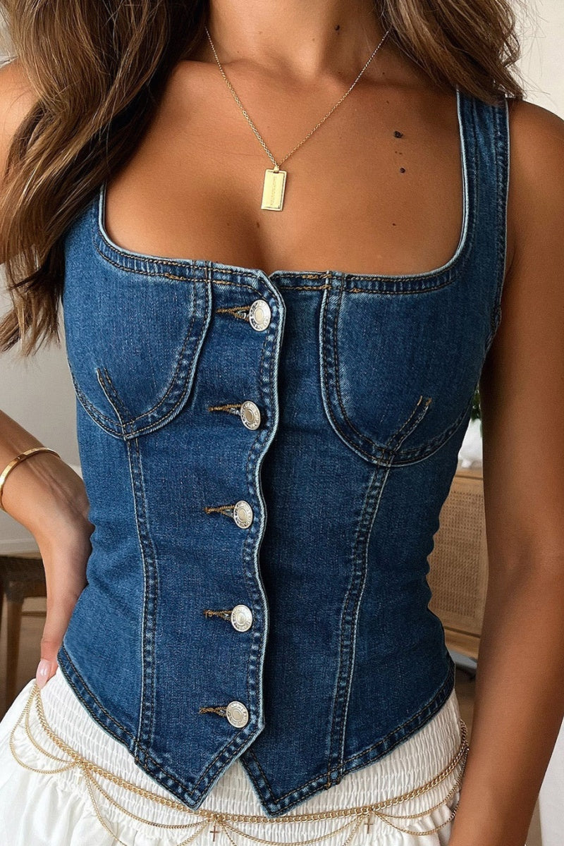 Tops casuales de cuello en U con botones de color sólido