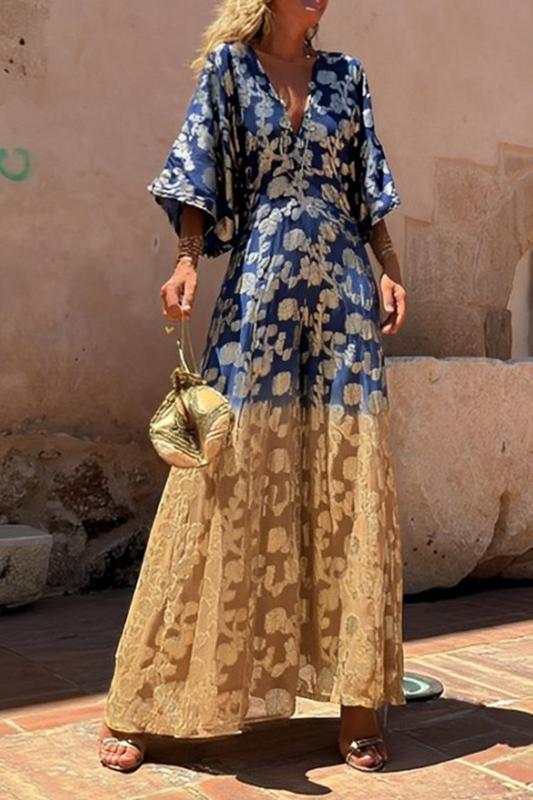 Mono holgado informal de cuello en V con estampado degradado y estampado bronceado para uso diario