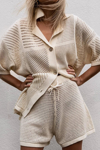 Casual Solid Hollowed Out Turndown Collar Half Sleeve Two Pieces