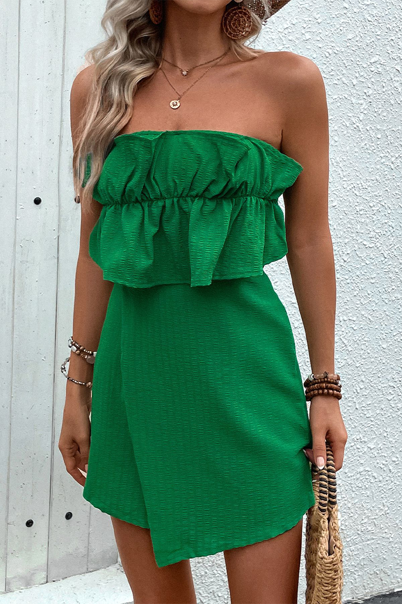 Sexy Street Solid Color Ruffle Zipper Strapless Rompers