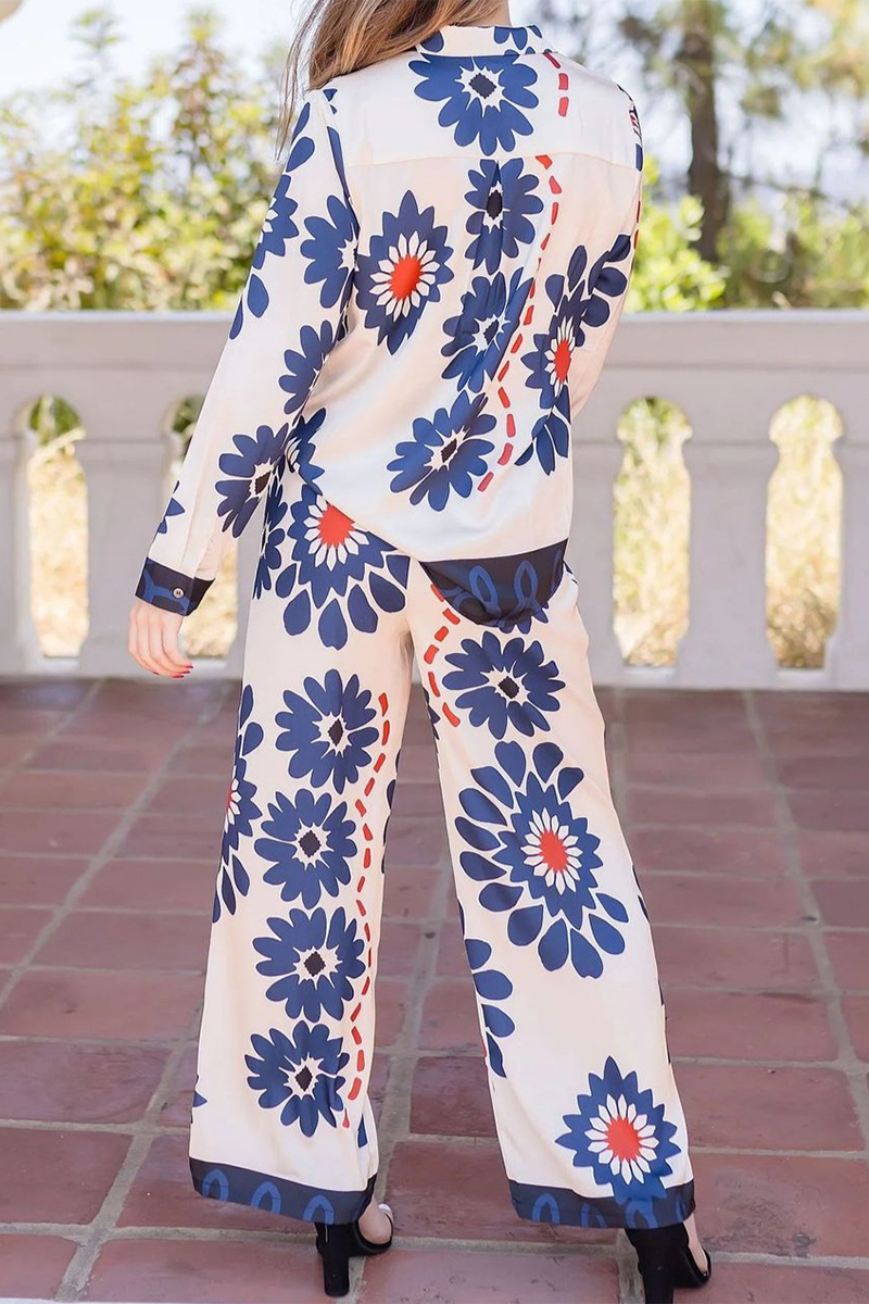 Conjunto informal de dos piezas con estampado de flores de calle, bolsillos, cordones, botones, cuello vuelto, manga larga