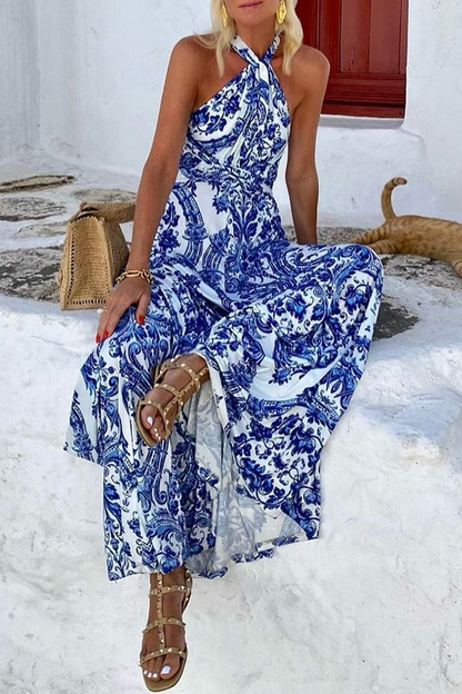 Vestidos bohemios de vacaciones con estampado floral y patchwork, sin mangas y cuello halter