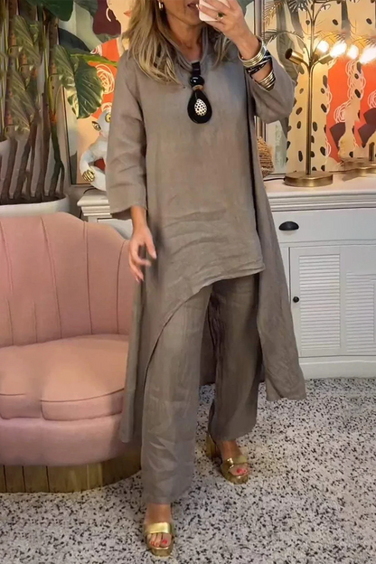 Conjunto informal de dos piezas con cuello redondo, manga larga, color liso, irregular, para uso diario (11 colores)