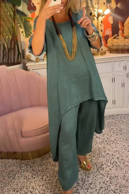 Conjunto informal de dos piezas con cuello redondo, manga larga, color liso, irregular, para uso diario (11 colores)