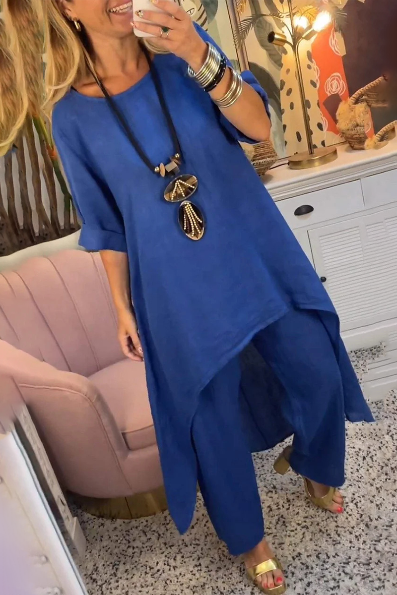Conjunto informal de dos piezas con cuello redondo, manga larga, color liso, irregular, para uso diario (11 colores)