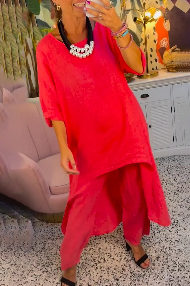 Conjunto informal de dos piezas con cuello redondo, manga larga, color liso, irregular, para uso diario (11 colores)