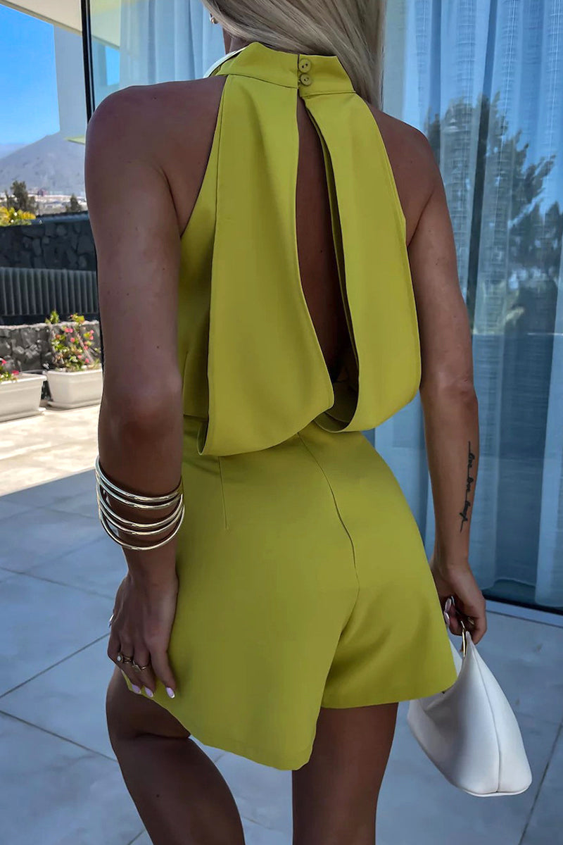 Mono informal de color liso con espalda descubierta y cremallera, cuello alto (4 colores)